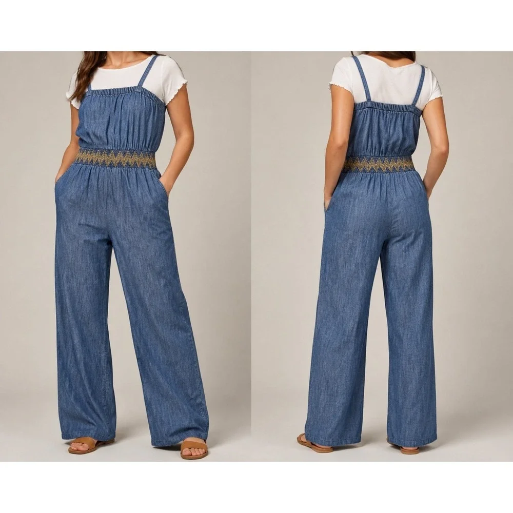 Cat‎ & Jack Girls Chambray Smocked Wide Leg Jumpsuit Blue Size L 10/12 Pockets